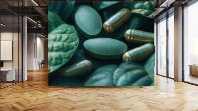 Green leaves provide the backdrop for herbal supplement capsules in this image, incorporating selective focus on the subject with copy space available. Wall mural