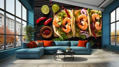 High quality photo of top view shrimp and avocado tacos with lime and spice peppers a traditional Mexican fast food dish with copy space image to add text and illuminated by trending sunlight Wall mural