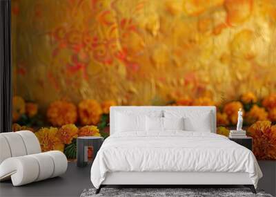 Indian festival decoration featuring vibrant orange and yellow Marigold flowers against a traditional backdrop with copy space image. Wall mural