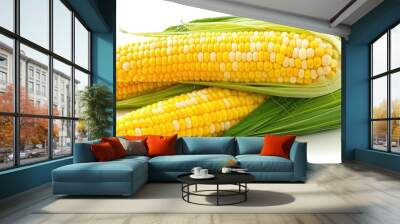 Isolated on a white background, fresh corn on cobs provides a copy space image. Wall mural