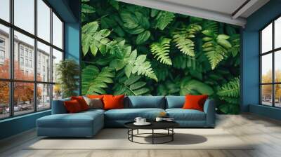 Lush green fern leaves in an outdoor garden setting, creating a natural plant background suitable for botany subjects with available copy space image. Wall mural