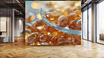 Macro shot of softgel capsules in a bottle cap on a white and blue surface, with a bright health and medicine headline, representing vitamins and promoting a healthy lifestyle, ideal as a copy space Wall mural