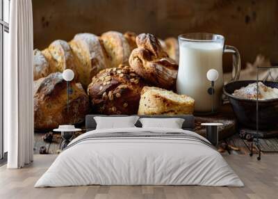 Rustic still life featuring an assortment of fresh baked bread, biscuits, and a mug of milk set against the textured wooden table with copy space image. Wall mural