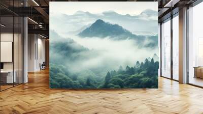 Scenic landscape view of mist covered mountain slope in foggy forest with a copy space image Wall mural