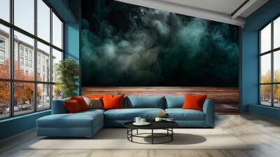 Smoke rising from wooden table in dark room Wall mural