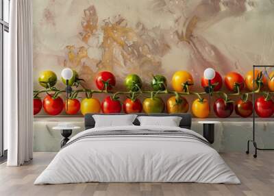 Summer harvest concept featuring a variety of fresh organic cherry tomatoes showcased on a kitchen table with a backdrop suitable for copy space image. Wall mural