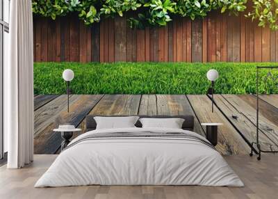 Terrace with green lawn on wooden floor texture showcasing copy space image. Wall mural