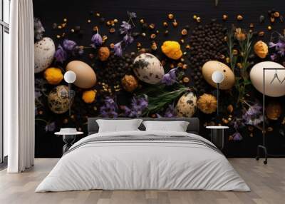 The Easter arrangement is creatively composed of fresh chicken and quail eggs It features dried herbs scattered on a black background providing ample space for text or other elements The flat lay con Wall mural