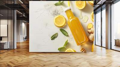 Top view of a ginger and lemon drink presented in a bottle with a straw, accompanied by ingredients like ginger root, lemon, and honey, on a white surface with copy space image. Wall mural