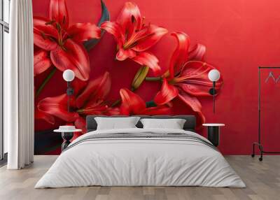 Vibrant red lilies on a bold red backdrop offer elegance and beauty in a flat lay image with copy space ideal for templates or mockups Wall mural