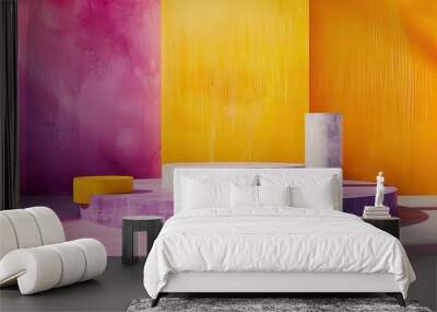 Vibrant yellow-violet gradient backdrop with geometric shapes, featuring two cement podiums, ideal for showcasing cosmetic products in a copy space image. Wall mural