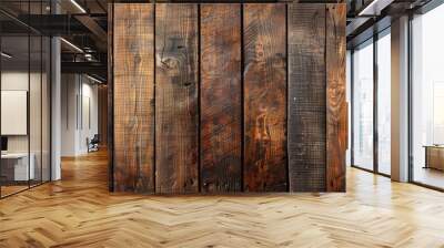 Vintage brown oak fence and desk surface with a dark, shabby wood texture, weathered timber background of old planks, creating a rustic alder table with an antique look, perfect for a copy space Wall mural