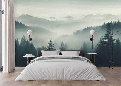 Vintage hipster style mountain landscape with misty fog fir forest and plenty of copy space image available Wall mural