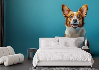 Dog sitting next to a blank packaging, canned goods,  perfect for a Pet food bag mock up design, isolated on brown background Wall mural