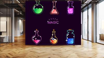 Magic bottle icon set. Vector magic colorful elixir potion bottles for web, mobile app, logo, infographics, game interface, GUI asset Wall mural