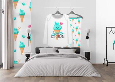 Seamless pattern and illustration for kid with popsicle, text Dream ice cream. Cute design pajamas on hanger. Baby background for fashion clothes wear, room decor, t-shirt print, baby shower, wrapping Wall mural