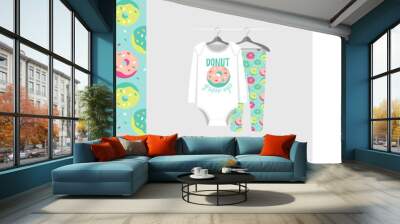 Seamless pattern and illustration for kid with sweet quote Donut grow up. Cute design pajamas on hanger. Baby background for clothes, birthday decor, t-shirt print, wear fashion, invitation card Wall mural