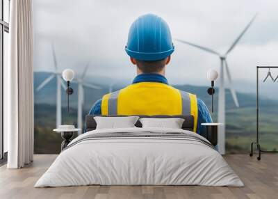 Engineer Overlooking Wind Turbines in a Green Landscape Representing Environment Social Governance (ESG) Concept Wall mural