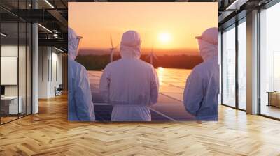 Engineers Overseeing Solar Panel Installation at Sunset with Wind Turbines in the Background, Emphasizing Sustainable Energy and Environmental Responsibility Wall mural