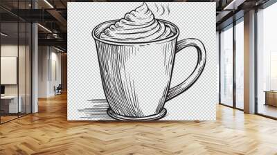 Drawing of hot cocoa mug design, black vector illustration on transparent background Wall mural