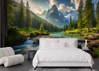 The tranquil atmosphere of nature with lush green forests, proud mountain silhouettes, and the cool waters of waterfalls Wall mural