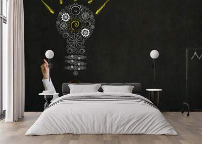 Hand up answer boy businessman bright idea gear cog lightbulb Wall mural