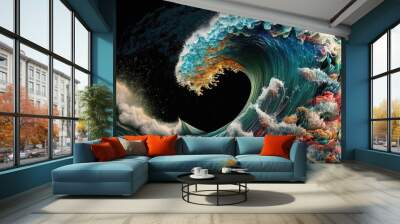 abstract colorful wave, on black background, background image Wall mural