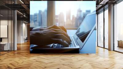 Business Person Working on Computer Screen Desk Inside Modern City Office Wall mural