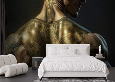 muscular young man with many tattoos, well-toned body from behind, modern hairstyle Wall mural