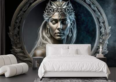 portrait of an ice queen with long white hair and magnificent crown on her head in a round picture frame decorated with white flowers, large diamond earrings created with Generative AI technology Wall mural