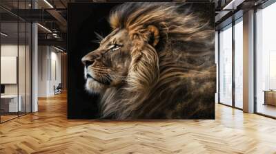 powerful male lion with a magnificent mane fading into gold dust, black background Wall mural