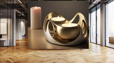 two candles in a beautiful silver and gold candle holder created with Generative AI technology Wall mural