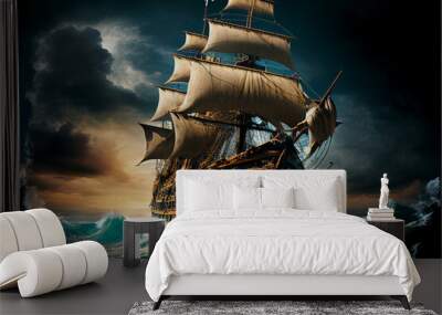 A huge pirate ship sails on a stormy sea. AI generated. Wall mural