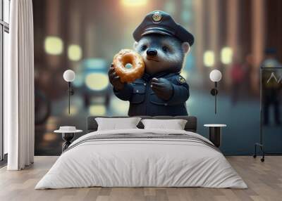 Cute teddy bear with a donut on the city street. AI genarated Wall mural