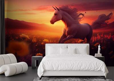 Mythical unicorn in a blooming field. AI generated Wall mural