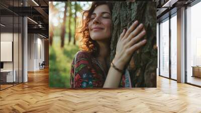 Waldbaden und das Umarmen von Bäumen fördert den Stressabbau und beugt Depressionen vor Wall mural