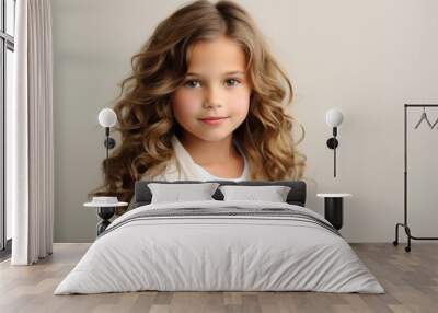 A portrait of a beautiful little girl with long curly hair over grey background. Wall mural