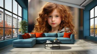 portrait of a beautiful little girl with long curly hair on the street Wall mural