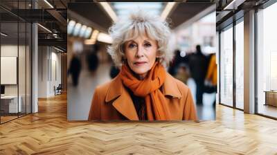 Portrait of a senior woman in an underground passage, looking at the camera. Wall mural