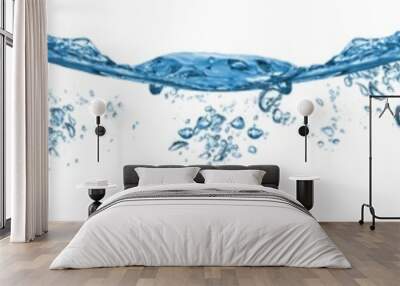 blue pure water wave liquid with drop and bubbles isolated white wide panorama background. Sea ocean freshness and cosmetics concept background Wall mural