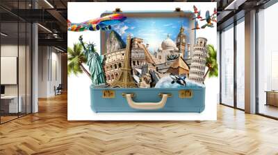 blue retro leather vintage suitcase full of world famous landmarks and sightseeing attractions isolated on white background. World travel tourism vacation concept. Wall mural