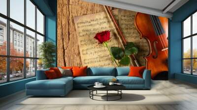 classic retro violin music string instrumt on old music note sheet paper with red rose flower old oak wood wooden panorama copy space background. classical musical romantic valentines day concept. Wall mural