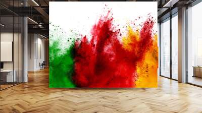 colorful cameroonian flag green red yellow color holi paint powder explosion isolated white background. cameroon africa qatar celebration soccer travel tourism concept Wall mural