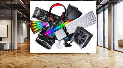 computer component collage concept. Various pc hardware like motherboard cpu keyboard graphics card RAM SSD and RGB LED lights isolated white background Wall mural