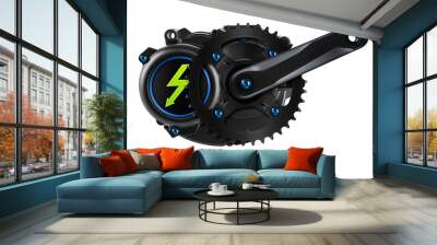 e bike or pedelec mid mount drive engine motor with blue screws carbon fibre tuning crank set and green electricity lighntning symbol isolated  white background Wall mural