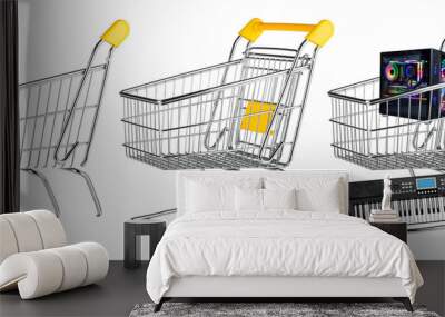 fillable empty yellow shopping cart with isolated front grid in front side view isolated white background. online shop commerce design pattern. Wall mural