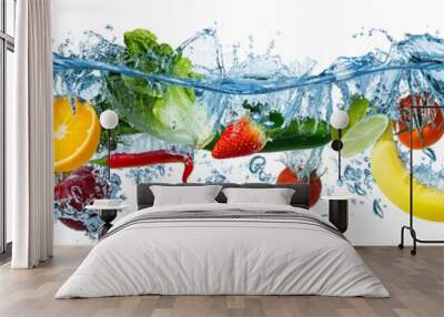 fresh multi fruits and vegetables splashing into blue clear water splash healthy food diet freshness concept isolated white background Wall mural