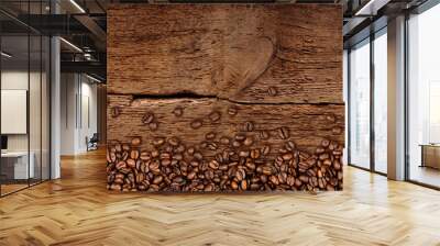 fresh roasted coffee beans natural dark oak wood panorama wide plank wooden closeup macro background Wall mural