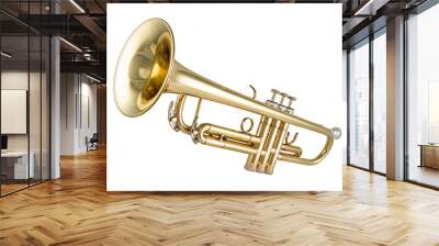 Golden shiny new metallic brass trumpet music instrument isolated white background. musical equipment entertainment orchestra band concept. Wall mural