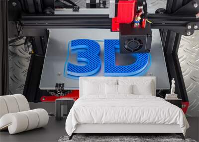 Red black 3D printer printing blue logo symbol on metal diamond plate future technology modern concept Wall mural